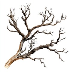 Obraz premium Bare, gnarled branches of a dead tree reach outward against a white backdrop. Detailed illustration captures the textures and forms of the skeletal remains