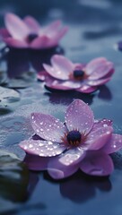 Delicate pink blossoms float on water, glistening with droplets.  Soft focus creates a serene ambiance