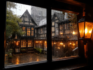 Fototapeta premium Cozy view through a window of a rainy courtyard in an old building