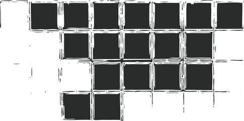 Monochrome texture composed of irregular graphic elements. Distressed uneven grunge background. Abstract vector illustration. Overlay for interesting effect and depth. Isolated on white background.