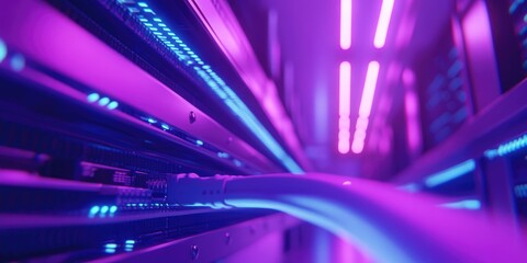 Close-up of server racks in vibrant neon lighting