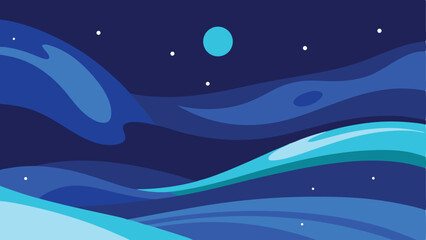 Abstract blue wave landscape illustration featuring moon and stars, vector graphic design