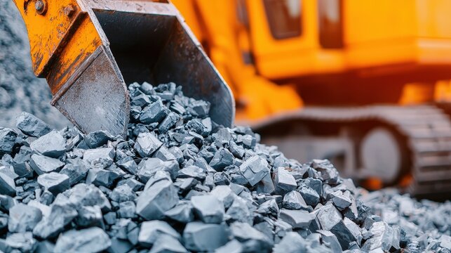 An excavator moves a pile of crushed stones, highlighting construction and heavy machinery work.
