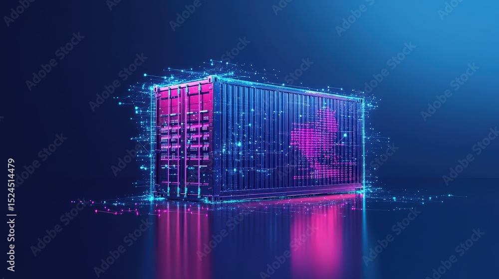 Poster a glowing digital shipping container with neon highlights and pixel effects, symbolizing technology 
