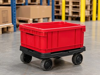 A red plastic crate on wheels sits on a warehouse floor with shelves and pallets in the background.