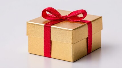 Obraz premium Golden gift box with red ribbon bow, symbolizing luxury and celebration 