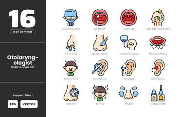 Otorhinolaryngology Symptoms Icon Set Collection - Outline Line Art Style. Ear, Nose, Throat, Adenoiditis, Sinusitis, Tonsilitis, Rhinitis, Otitis, Otoscopy, Deafness, Endoscopy, Nasal Polyps, Surgery