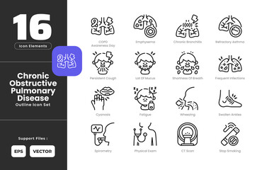 Chronic Obstructive Pulmonary Disease COPD Symptoms Icon Set Collection - Outline Line Art Style. Containing Chronic, Bronchitis, COPD, Awareness, Day, CT, Scan, Cyanosis, Emphysema, Fatigue.