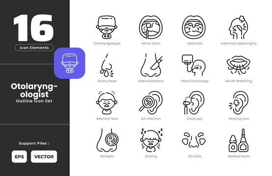 Adenoiditis Symptoms Icon Set Collection - Outline Line Art Style. Adenoid Face, Adenoidectomy, Adenoids Hypertrophy, Adenoids, Bacteria, Ear Infection, Hearing Loss, Medicaments, Mirror Exam.