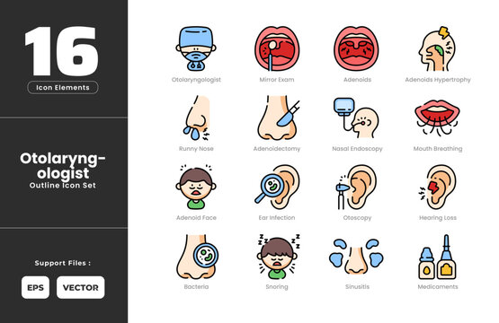 Otorhinolaryngology Symptoms Icon Set Collection - Outline Line Art Style. Ear, Nose, Throat, Adenoiditis, Sinusitis, Tonsilitis, Rhinitis, Otitis, Otoscopy, Deafness, Endoscopy, Nasal Polyps, Surgery