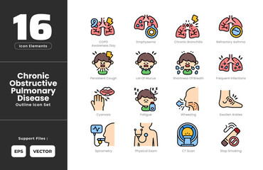 Chronic Obstructive Pulmonary Disease COPD Symptoms Icon Set Collection - Outline Line Art Style. Containing Chronic, Bronchitis, COPD, Awareness, Day, CT, Scan, Cyanosis, Emphysema, Fatigue.