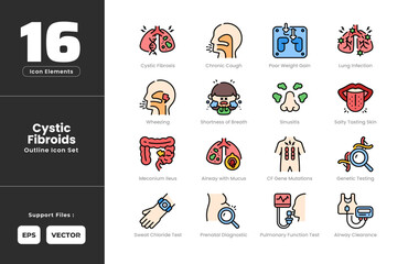 Cystic Fibroids Symptoms Icon Set Collection - Outline Line Art Style. Containing Airway Clearance, Airway with Mucus, CF Gene Mutations, Cystic Fibrosis, Genetic Testing, Lung Infection, Meconium.