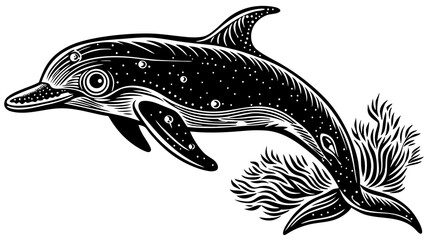 Naklejka premium Stylized dolphin swimming in ocean with waves and bubbles 