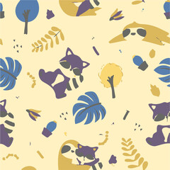 Cute baby pattern with raccon and sloth in the scandinavian style