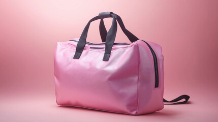 A stylish pink gym bag with handles and a shoulder strap, isolated on a pink background