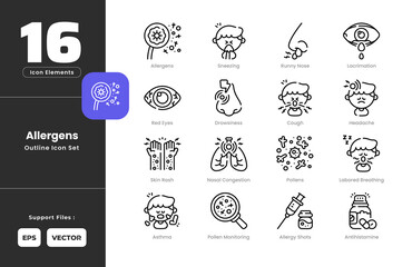 Pollen Allergy Symptoms Icon Set Collection - Outline Line Art Style. Containing Allergens, Allergy, Shots, Antihistamine, Asthma, Cough, Drowsiness, Headache, Breathing, Lacrimation, Nasal, Pollen.