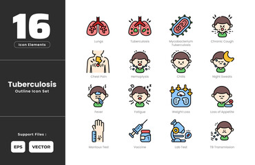 Tuberculosis TB Symptoms Icon Set Collection - Outline Line Art Style. Containing Chest, Pain, Chills, Chronic, Cough, Fatigue, Fever, Hemoptysis, Loss, Appetite, Lungs, Night, Sweats, Mycobacterium.