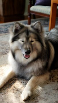 Beautiful happy wolfspitz dog lying on a rug indoors, close-up portrait with fluffy white, gray and black fur, happy expression, pet animals
