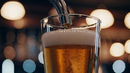 Close-up, low-angle video of beer pouring into a glass, capturing bubbles and foam with a bokeh background, creating a refreshing, dynamic scene. - Powered by Adobe