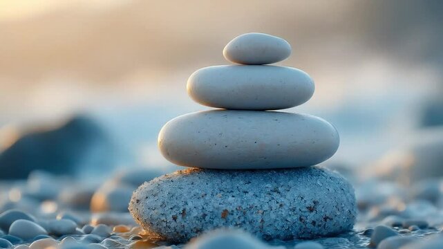 A serene stack of smooth pebbles balances peacefully by the water's edge, creating a calming atmosphere.