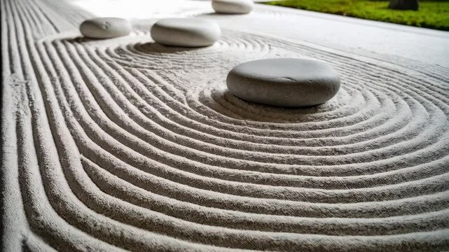 Zen garden with raked sand and smooth stones creating a meditative scene emphasizing simplicity and tranquility.