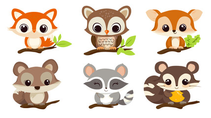 Fototapeta premium collection of six adorable forest creatures featuring a round owl perched on a branch, a sleepy fox curled into a ball, a curious raccoon holding a leaf, a cheerful deer fawn with big eyes