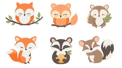 Fototapeta premium collection of six adorable forest creatures featuring a round owl perched on a branch, a sleepy fox curled into a ball, a curious raccoon holding a leaf, a cheerful deer fawn with big eyes