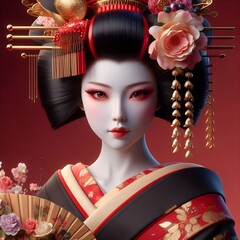 Close-up Portrait of a Striking Geisha with Bold Red Makeup, Intricate Hair Decorations Featuring a Large Rose, and a Traditional Kimono Against a Rich Red Background, Symbolizing Japanese Elegance 