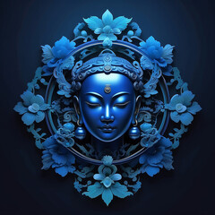 Elegant 3D Blue Buddha Face with Ornate Floral Frame