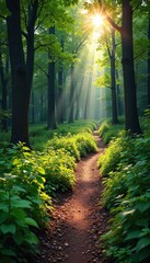 Obraz premium A scenic hiking trail winds through a lush forest, sunlight dappling the path ahead Discover tranquility and adventure on this idyllic woodland escape , calm, hiking, wanderlust