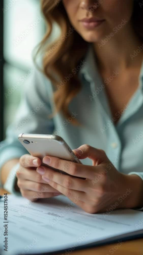 Poster a woman sits at a table with a cell phone, likely checking her messages or browsing the internet