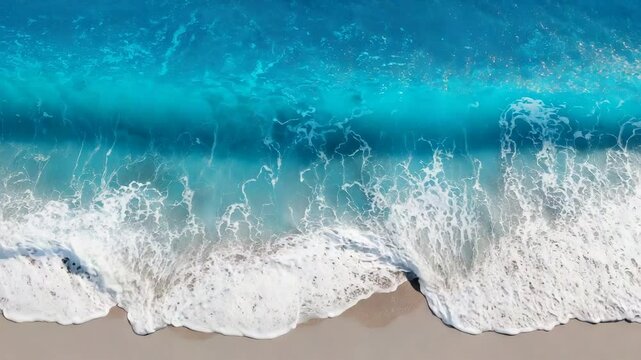 Aerial view captures turquoise waves rolling onto a foamy beach in a dramatic ocean scene. Concept of coastal energy and natural rhythm.