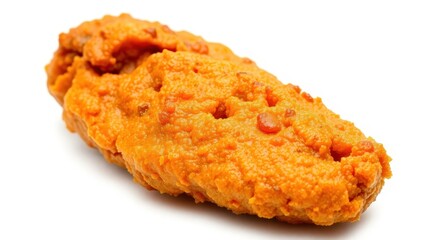 Close-up of a vibrant orange food item against a white background.