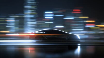 Futuristic vehicle gliding through city lights, embodying speed and urban innovation
