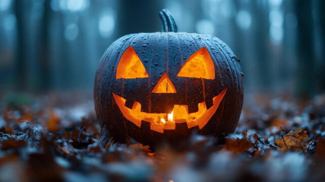 Amidst a serene forest enveloped in mist, a carved pumpkin radiates warm light as the evening approaches. Its cheerful expression contrasts with the shadows of towering trees. Leaves blanket the groun