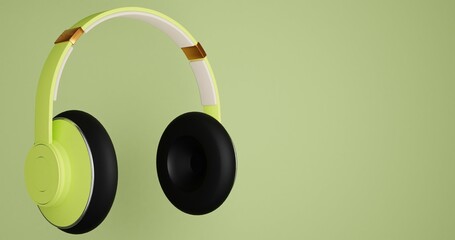 Green wireless headphones floating on green background. Eco-style music gadget with over-ear design for comfort, listening and relaxation. Digital audio technology for modern users. 3D Render