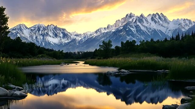 Serene Mountain Landscape with Reflections at Sunset