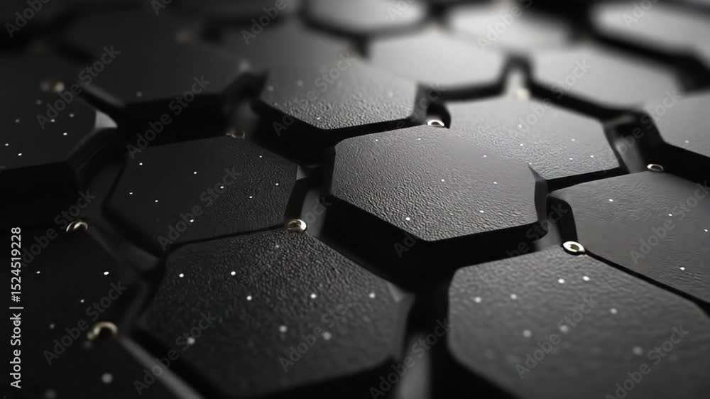 Poster close-up of a textured black hexagonal surface with subtle details and lighting effects.