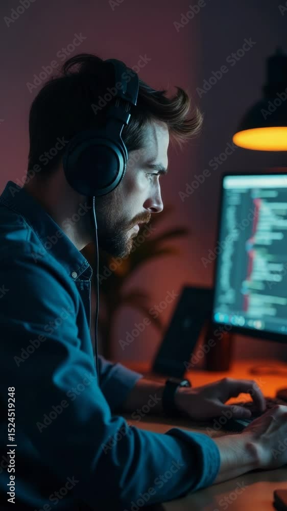 Poster a person focusing on their work while wearing headphones, great for scenes with coding, writing, or 