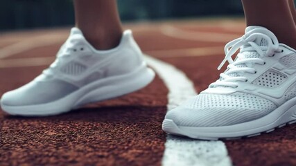Close-up of a person's foot in white athletic shoes, captured in motion on a running track.