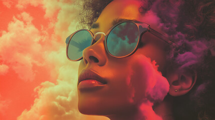 A woman's face wearing glasses, with vibrant sunset clouds reflected and adorned across the lenses for a dreamy, surreal effect.
