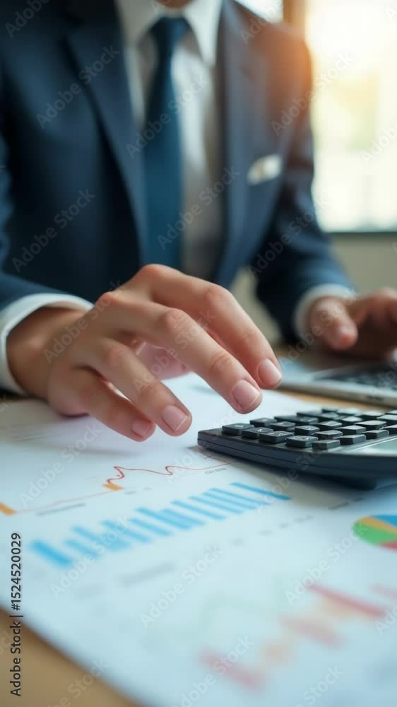 Poster a man in a suit is focused on calculating numbers with his trusty tool, perfect for office or financ
