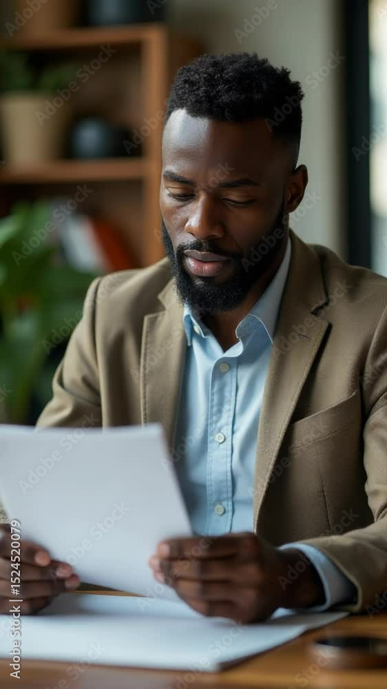 Poster a person sitting at a desk with documents in hand, ready for review or filing