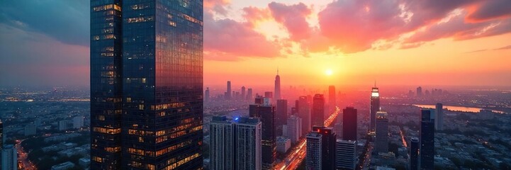 Obraz premium Sleek modern glass office tower reflecting the cityscape at sunset Perfect for corporate, real estate, and architecture projects Shows urban development and success , evening, concrete, landmark