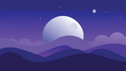 Abstract landscape with a large moon and mountains depicting night sky scenery