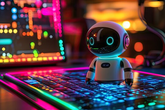 Cute robot on a keyboard, vibrant gaming setup - Powered by Adobe