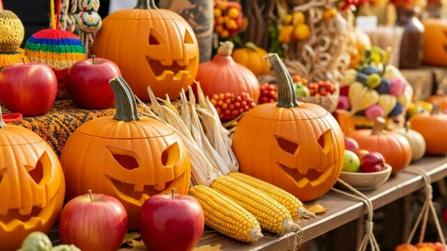 Carved Halloween pumpkins, red apples, and corn on a market stall display. Seasonal autumn harvest arrangement footage.