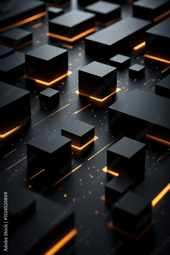 Aufkleber black cubes of different sizes are emitting an orange light and forming a futuristic technological s