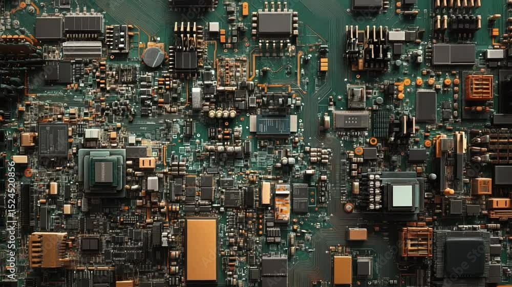 Aufkleber detailed macro view of intricate green circuit board with golden components and connections