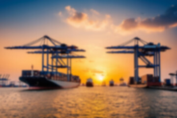 Obraz premium Blurry photo Container ship and loading and unloading port with cranes industrial forwarding import export international worldwide, sunset, blurry port wallpaper.